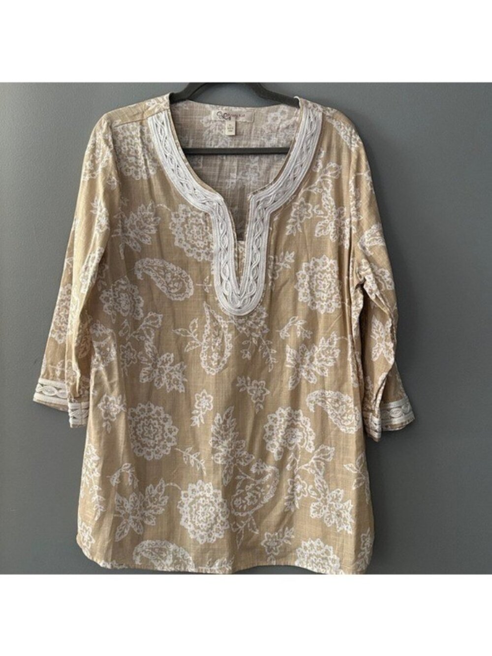 Krazy Kat ¾ Sleeve Tunic Size XL 100% Cotton embroidered lightweight cottagecore